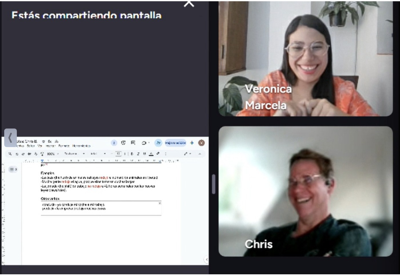 Vero and a student laughing together during a live one-on-one Spanish lesson on Google Meet