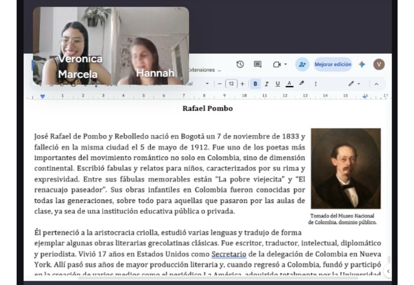 A live Spanish lesson on Google Meet, reading a passage about the Colombian poet Rafael Pombo